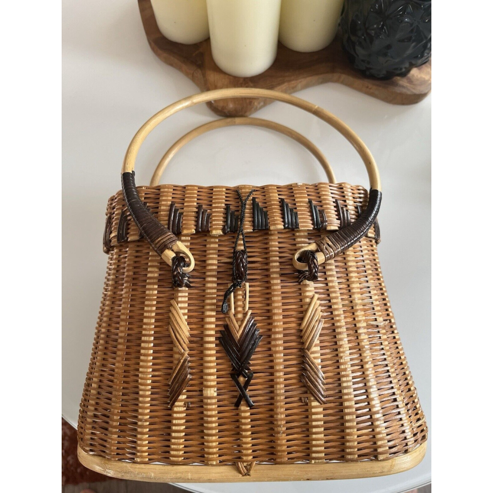 Vintage Woven Wicker Rattan Handbag Purse Bucket Bag Strap Basket Boho - Picture 5 of 9